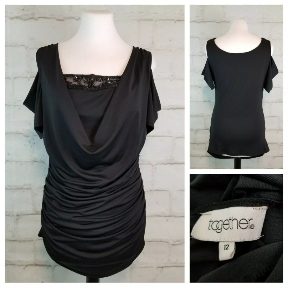 “Together” Elegant Black Cold Shoulder Draped Top (size 12)